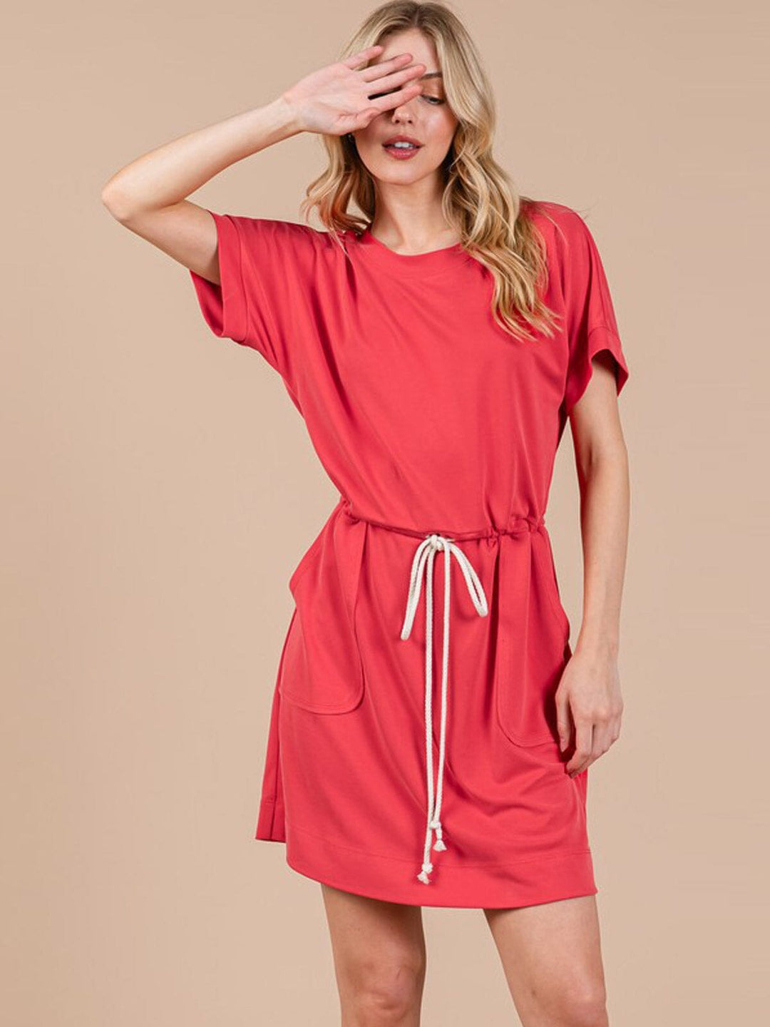 WOMEN'S SHORT SLEEVE FRONT POCKETS ADJUSTABLE WAIST MINI DRESS