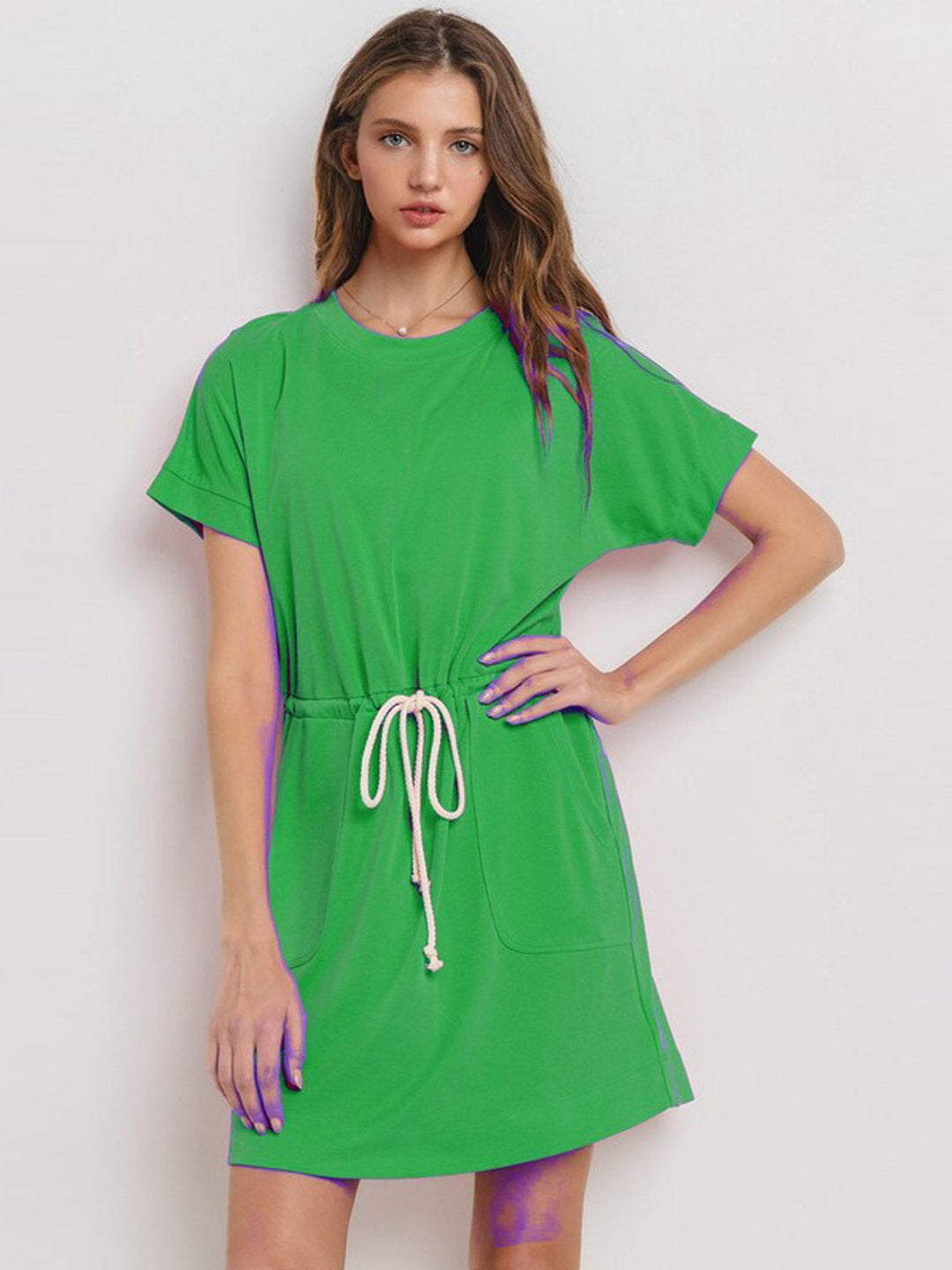 WOMEN'S SHORT SLEEVE FRONT POCKETS ADJUSTABLE WAIST MINI DRESS