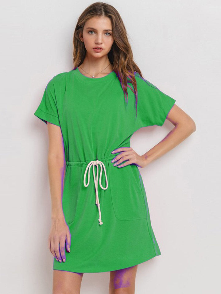WOMEN'S SHORT SLEEVE FRONT POCKETS ADJUSTABLE WAIST MINI DRESS