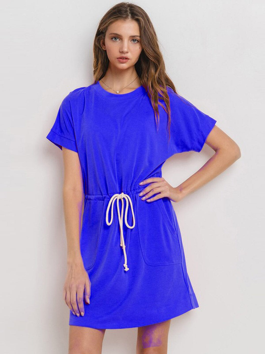 WOMEN'S SHORT SLEEVE FRONT POCKETS ADJUSTABLE WAIST MINI DRESS