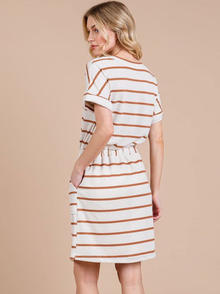 WOMEN'S SHORT SLEEVE FRONT POCKETS ADJUSTABLE WAIST STRIPES MINI DRESS