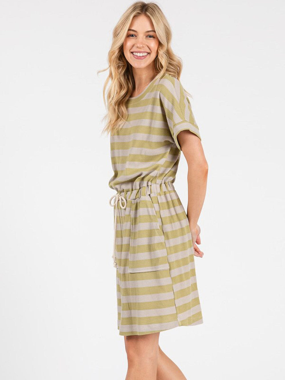 WOMEN'S SHORT SLEEVE FRONT POCKETS ADJUSTABLE WAIST STRIPES MINI DRESS