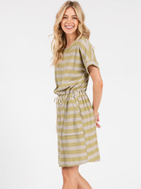 WOMEN'S SHORT SLEEVE FRONT POCKETS ADJUSTABLE WAIST STRIPES MINI DRESS