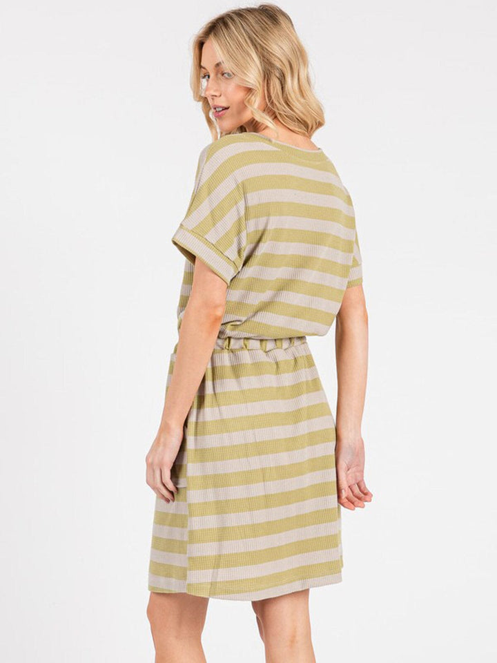 WOMEN'S SHORT SLEEVE FRONT POCKETS ADJUSTABLE WAIST STRIPES MINI DRESS