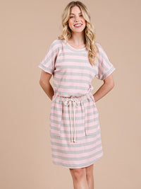 WOMEN'S SHORT SLEEVE FRONT POCKETS ADJUSTABLE WAIST STRIPES MINI DRESS