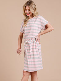 WOMEN'S SHORT SLEEVE FRONT POCKETS ADJUSTABLE WAIST STRIPES MINI DRESS