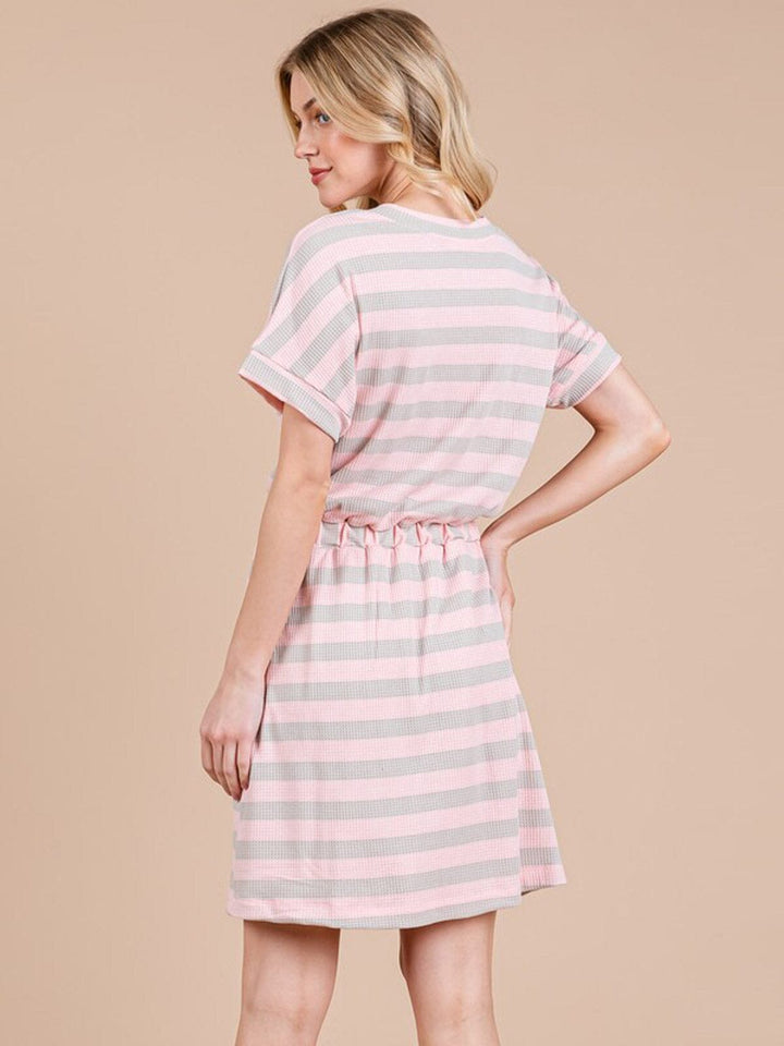 WOMEN'S SHORT SLEEVE FRONT POCKETS ADJUSTABLE WAIST STRIPES MINI DRESS