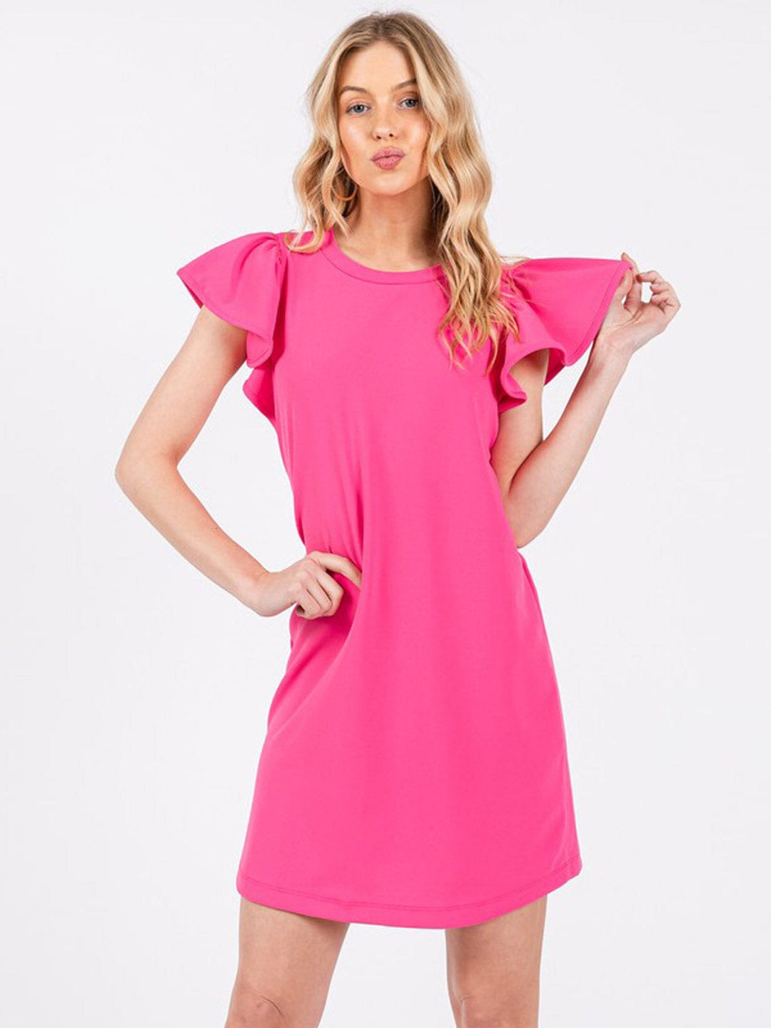WOMEN'S SHORT RUFFLE SLEEVE SOLID MINI DRESS