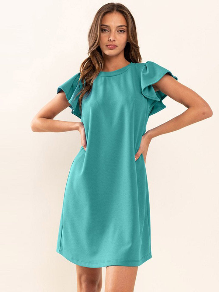 WOMEN'S SHORT RUFFLE SLEEVE SOLID MINI DRESS