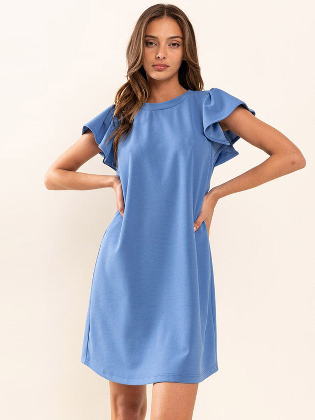 WOMEN'S SHORT RUFFLE SLEEVE SOLID MINI DRESS