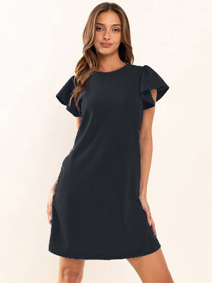 WOMEN'S SHORT RUFFLE SLEEVE SOLID MINI DRESS
