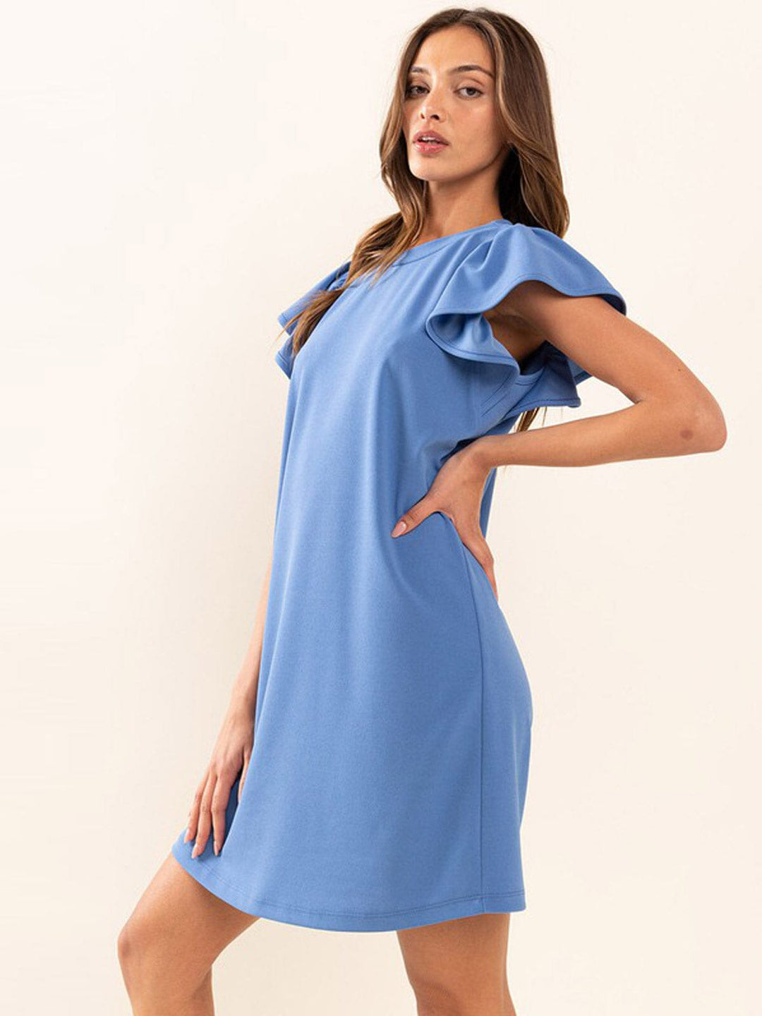 WOMEN'S SHORT RUFFLE SLEEVE SOLID MINI DRESS