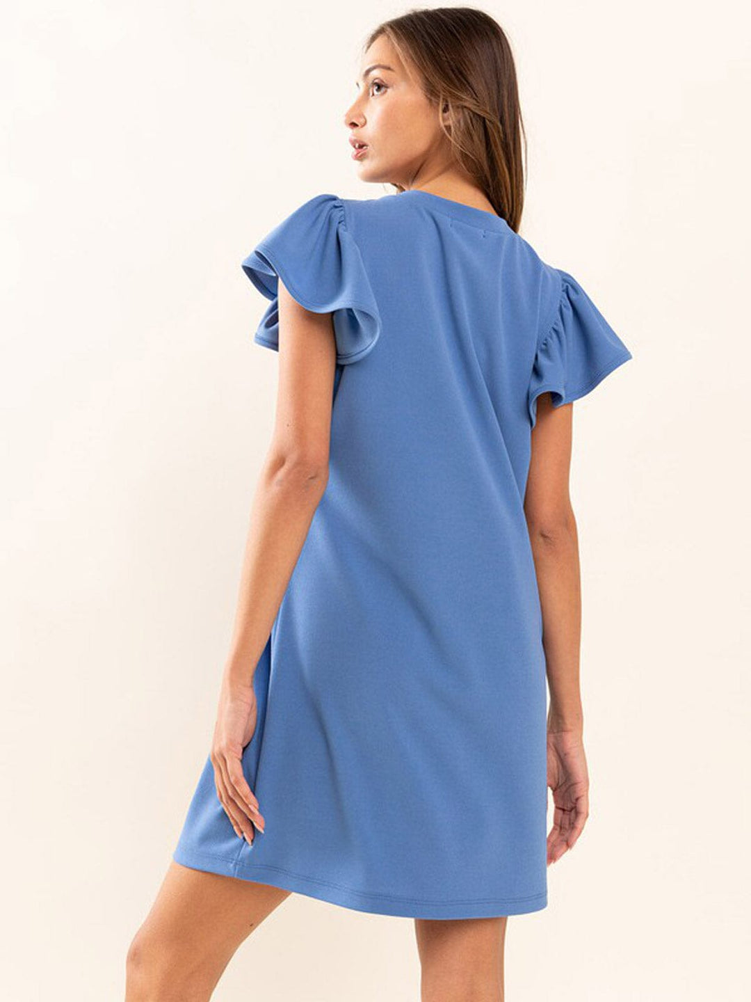 WOMEN'S SHORT RUFFLE SLEEVE SOLID MINI DRESS