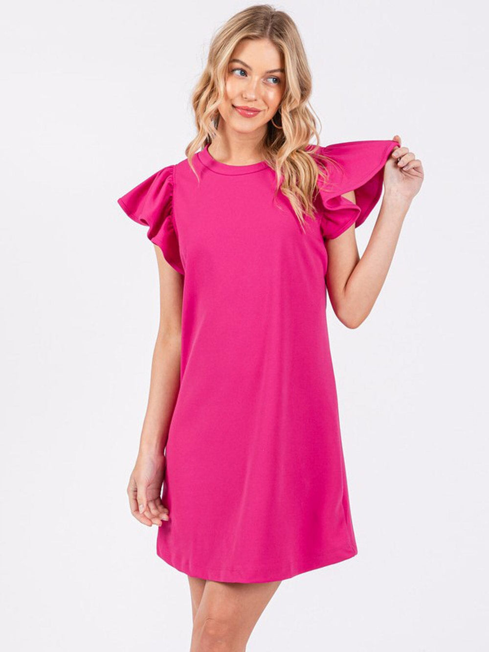 WOMEN'S SHORT RUFFLE SLEEVE SOLID MINI DRESS