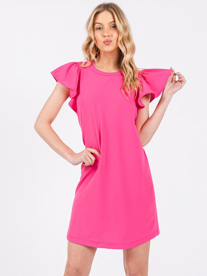 WOMEN'S SHORT RUFFLE SLEEVE SOLID MINI DRESS
