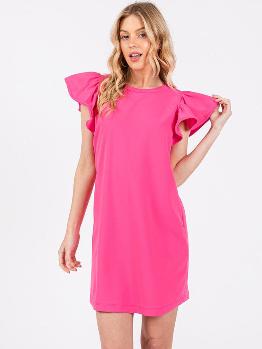 WOMEN'S SHORT RUFFLE SLEEVE SOLID MINI DRESS