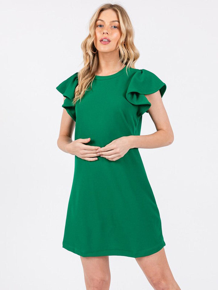 WOMEN'S SHORT RUFFLE SLEEVE SOLID MINI DRESS
