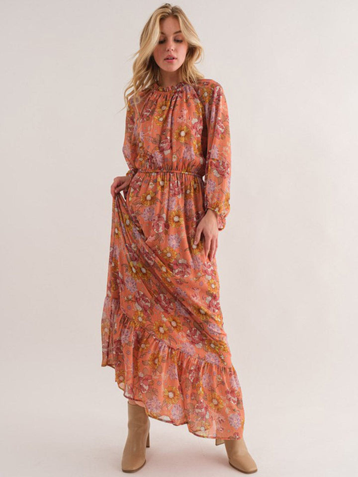 WOMEN'S LONG SLEEVE MOCK NECK ELASTIC WAIST FLORAL PRINT MAXI DRESS