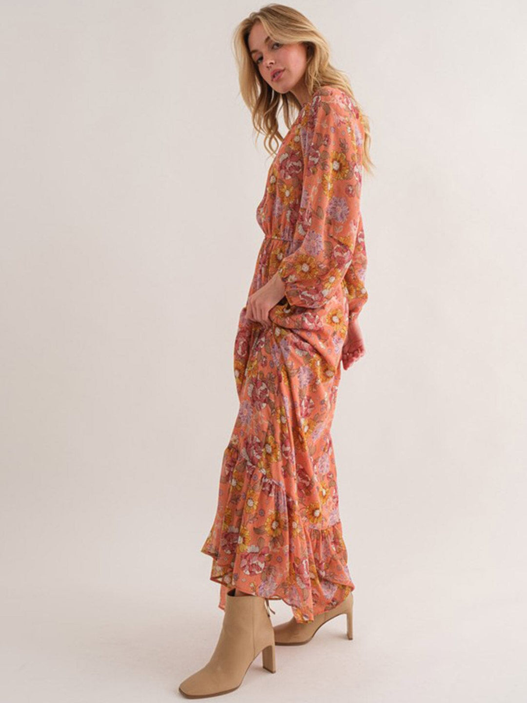 WOMEN'S LONG SLEEVE MOCK NECK ELASTIC WAIST FLORAL PRINT MAXI DRESS