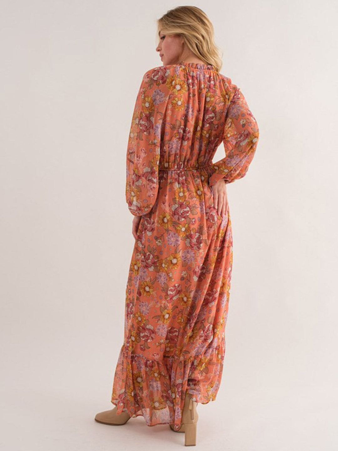 WOMEN'S LONG SLEEVE MOCK NECK ELASTIC WAIST FLORAL PRINT MAXI DRESS