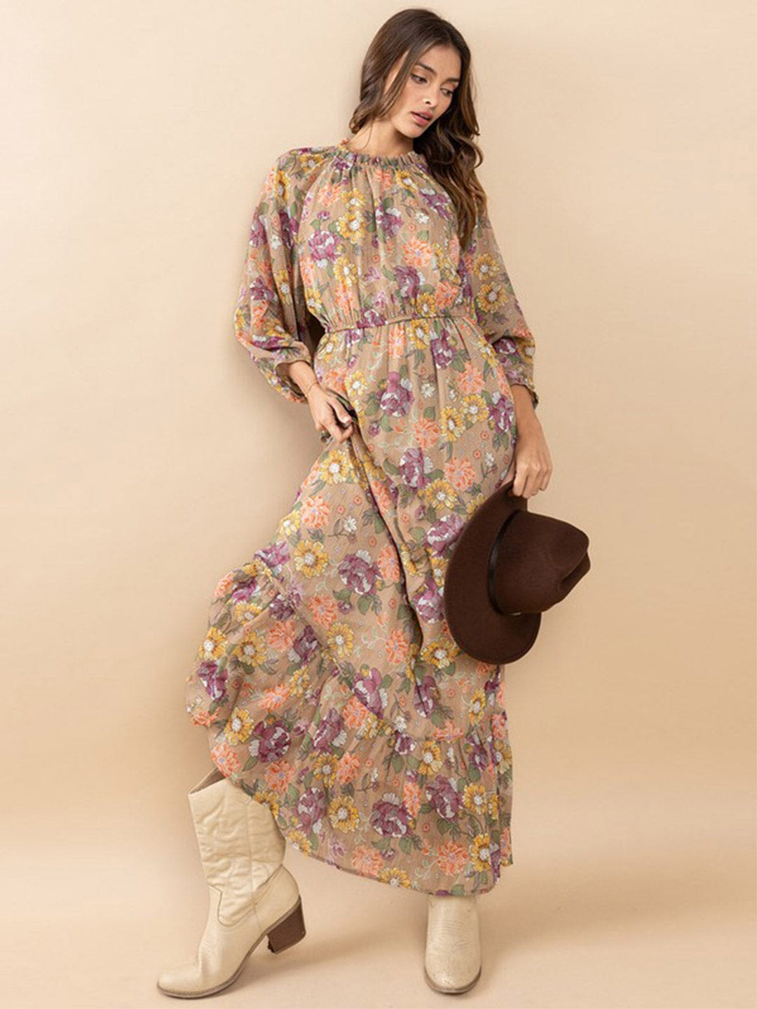 WOMEN'S LONG SLEEVE MOCK NECK ELASTIC WAIST FLORAL PRINT MAXI DRESS