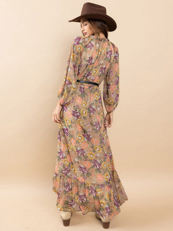 WOMEN'S LONG SLEEVE MOCK NECK ELASTIC WAIST FLORAL PRINT MAXI DRESS