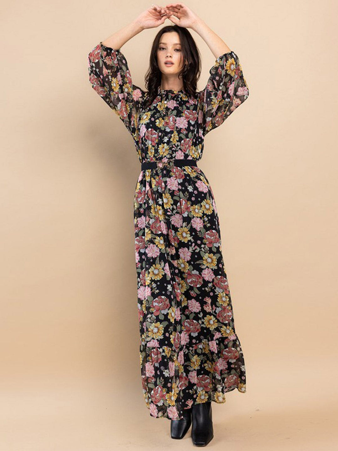 WOMEN'S LONG SLEEVE MOCK NECK ELASTIC WAIST FLORAL PRINT MAXI DRESS