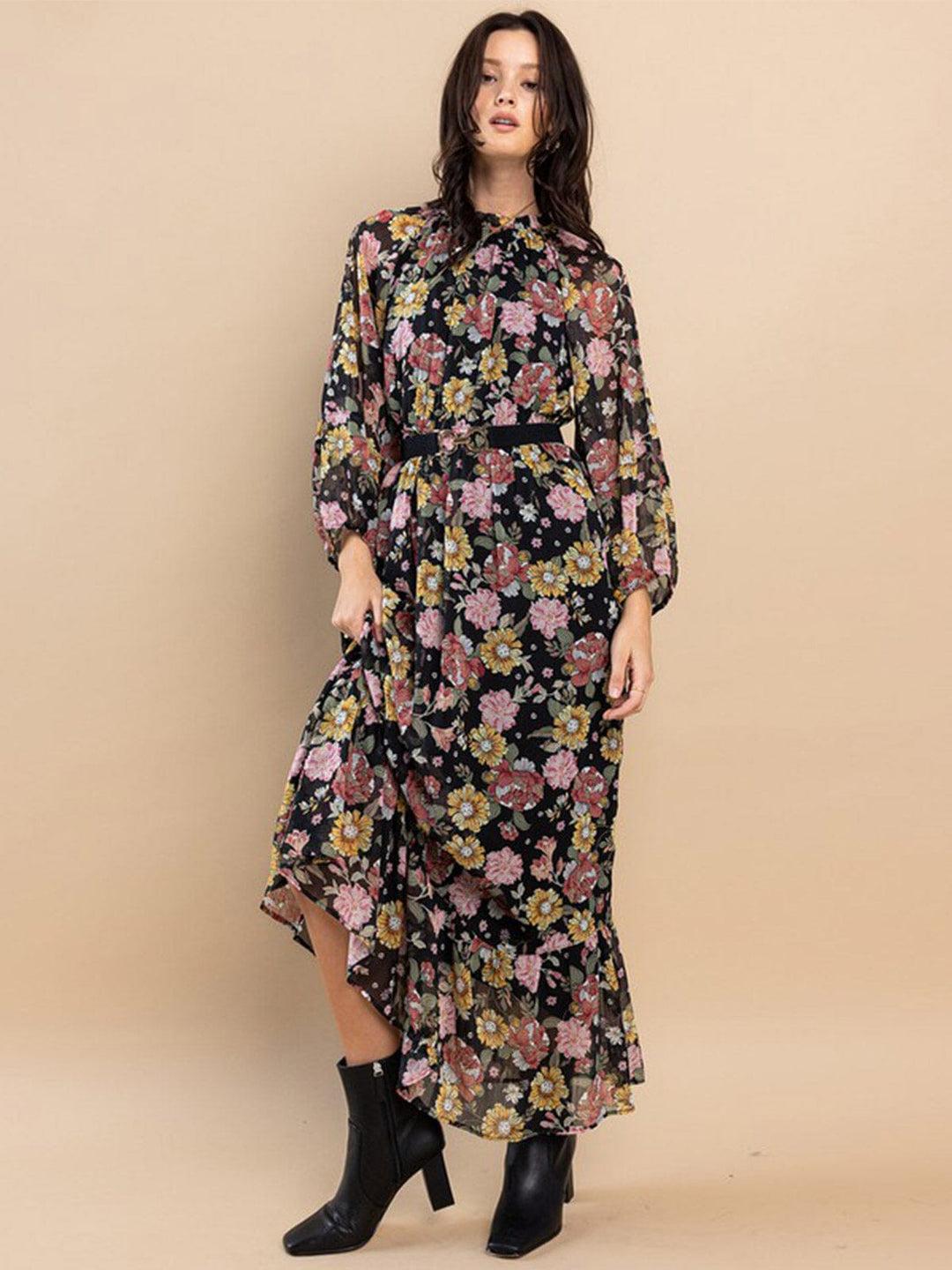 WOMEN'S LONG SLEEVE MOCK NECK ELASTIC WAIST FLORAL PRINT MAXI DRESS