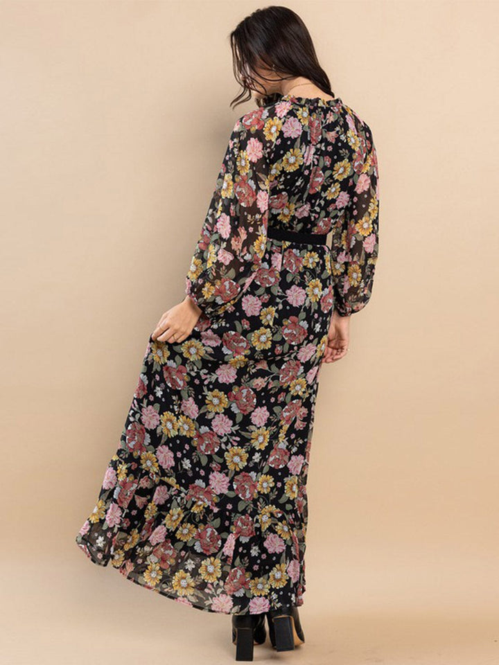 WOMEN'S LONG SLEEVE MOCK NECK ELASTIC WAIST FLORAL PRINT MAXI DRESS