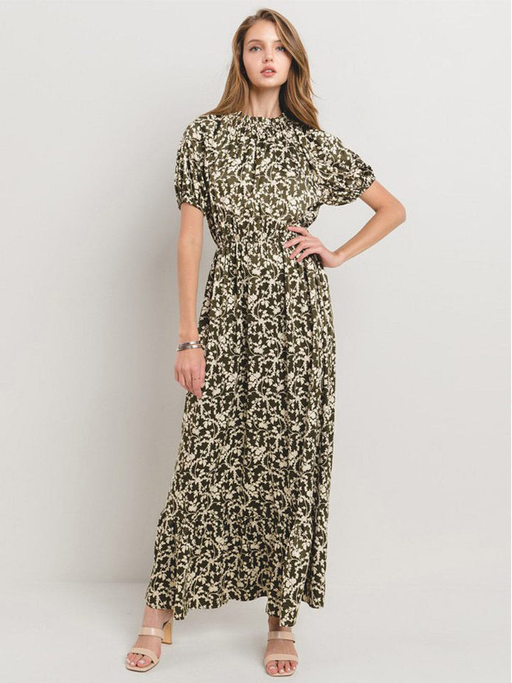 WOMEN'S SHORT SLEEVE MOCK NECK ELASTIC WAIST FLORAL PRINT MAXI DRESS