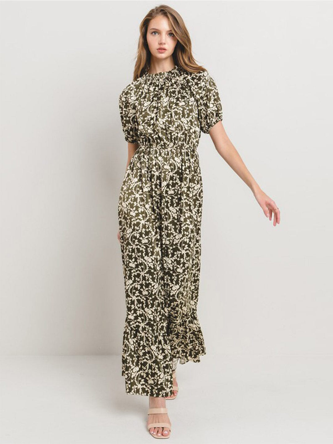 WOMEN'S SHORT SLEEVE MOCK NECK ELASTIC WAIST FLORAL PRINT MAXI DRESS