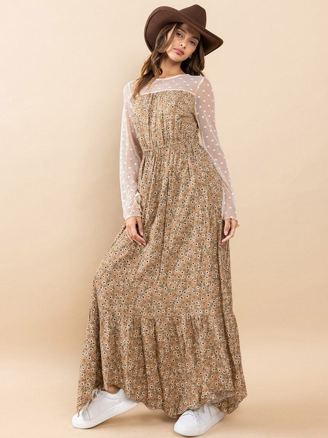 WOMEN'S LONG MESH SLEEVE FLORAL MAXI DRESS