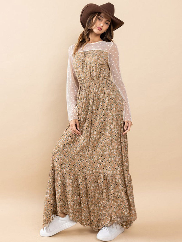 WOMEN'S LONG MESH SLEEVE FLORAL MAXI DRESS