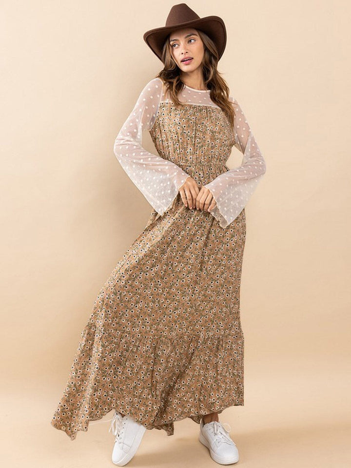 WOMEN'S LONG MESH SLEEVE FLORAL MAXI DRESS