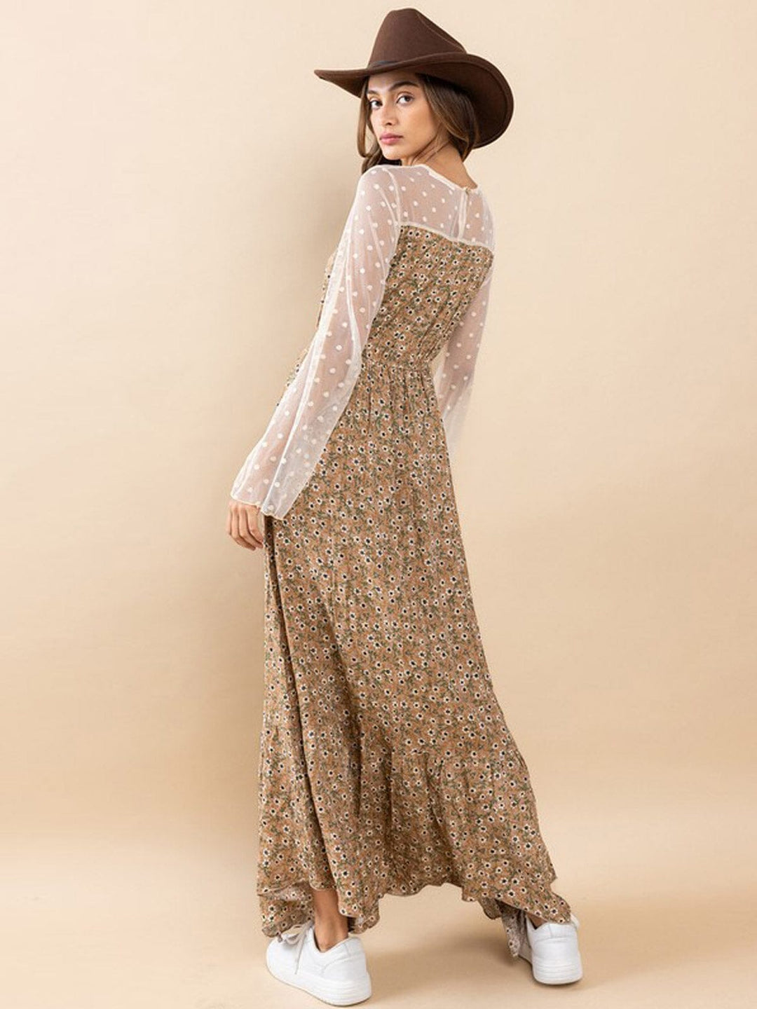WOMEN'S LONG MESH SLEEVE FLORAL MAXI DRESS