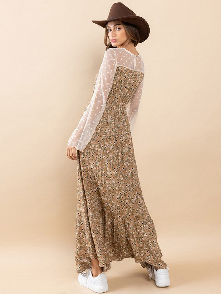 WOMEN'S LONG MESH SLEEVE FLORAL MAXI DRESS