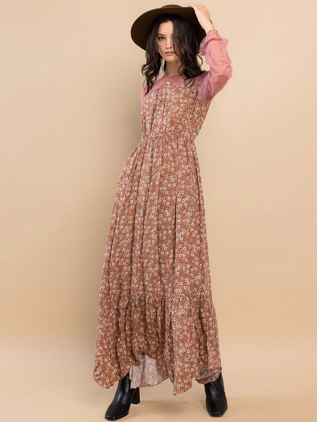 WOMEN'S LONG MESH SLEEVE FLORAL MAXI DRESS
