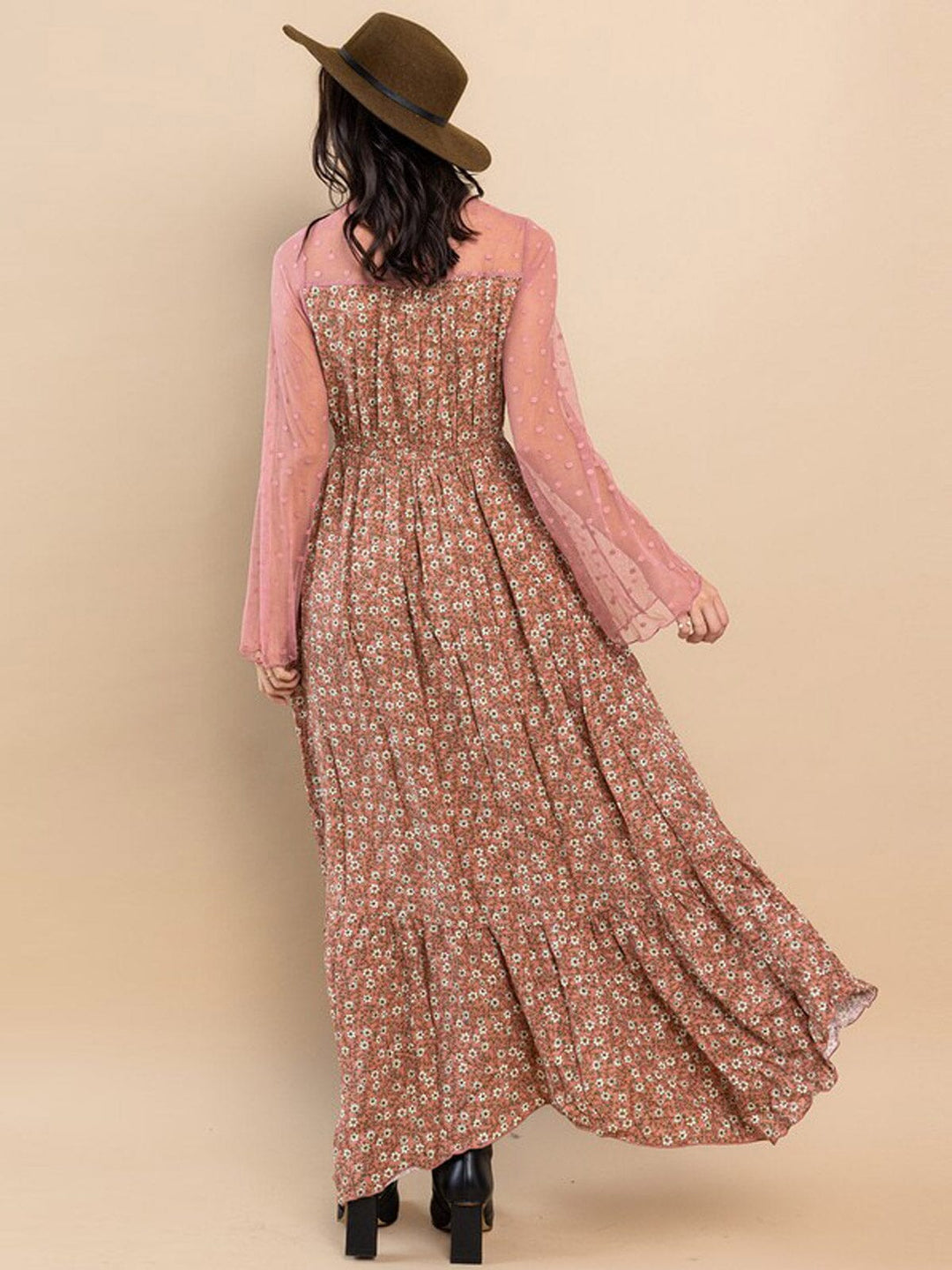 WOMEN'S LONG MESH SLEEVE FLORAL MAXI DRESS