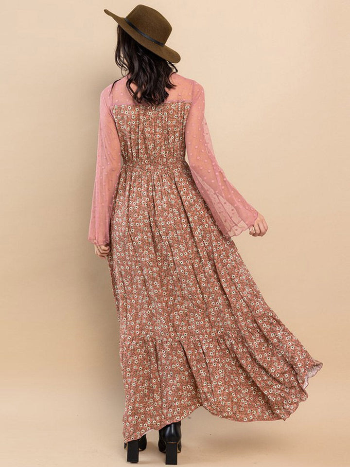 WOMEN'S LONG MESH SLEEVE FLORAL MAXI DRESS