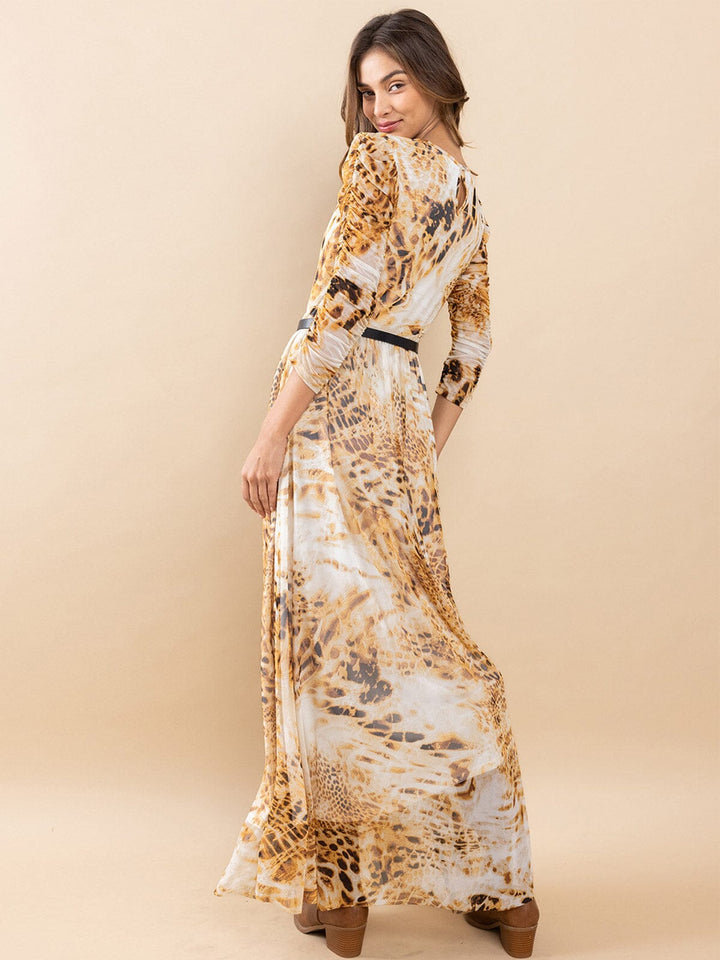 WOMEN'S 3/4 RUCHED SLEEVES ELASTIC WAIST ANIMAL PRINT MAXI DRESS