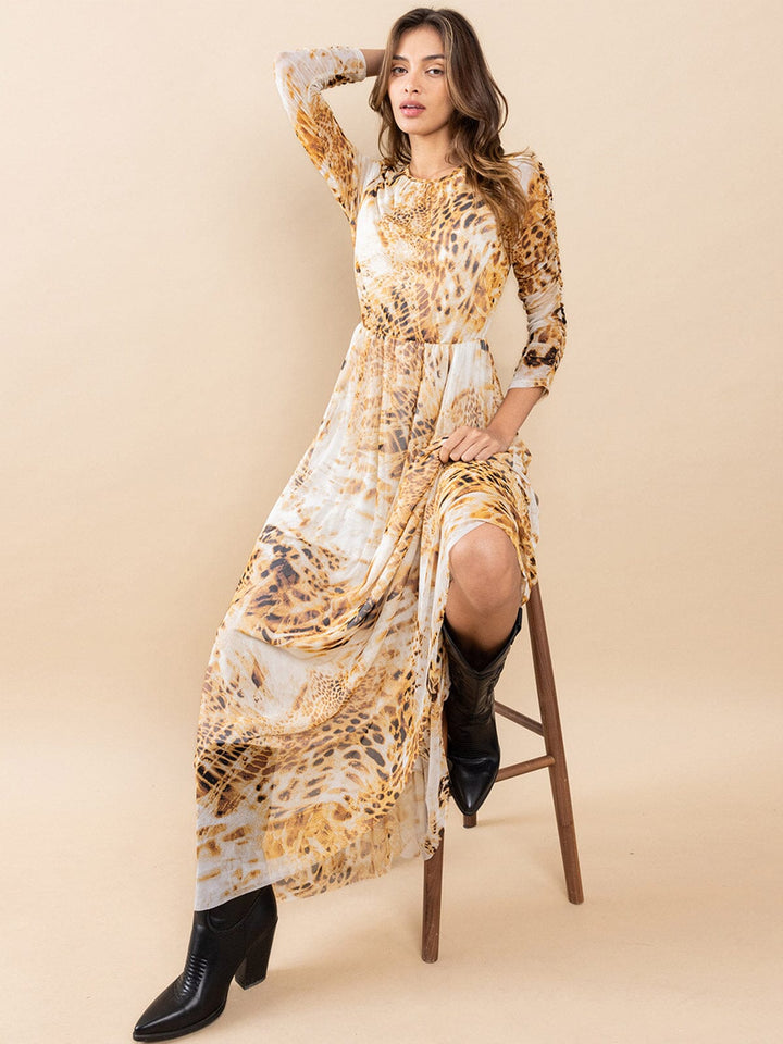 WOMEN'S 3/4 RUCHED SLEEVES ELASTIC WAIST ANIMAL PRINT MAXI DRESS
