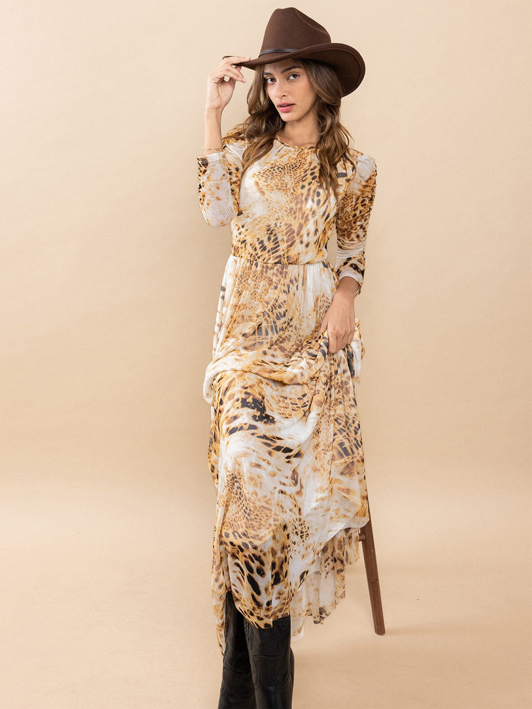 WOMEN'S 3/4 RUCHED SLEEVES ELASTIC WAIST ANIMAL PRINT MAXI DRESS