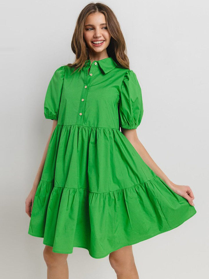 WOMEN'S SHORT PUFF SLEEVE BUTTON UP TIERED TUNIC MINI DRESS