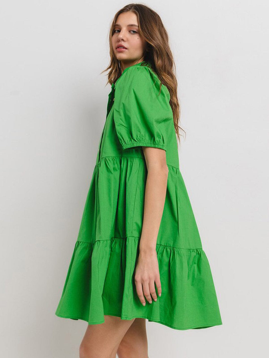 WOMEN'S SHORT PUFF SLEEVE BUTTON UP TIERED TUNIC MINI DRESS