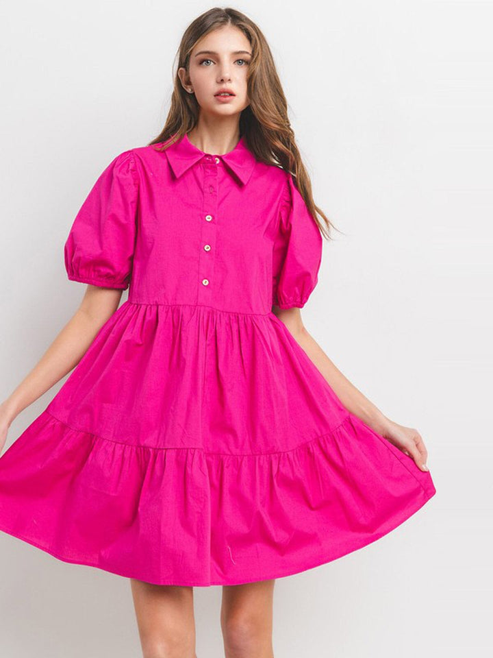WOMEN'S SHORT PUFF SLEEVE BUTTON UP TIERED TUNIC MINI DRESS