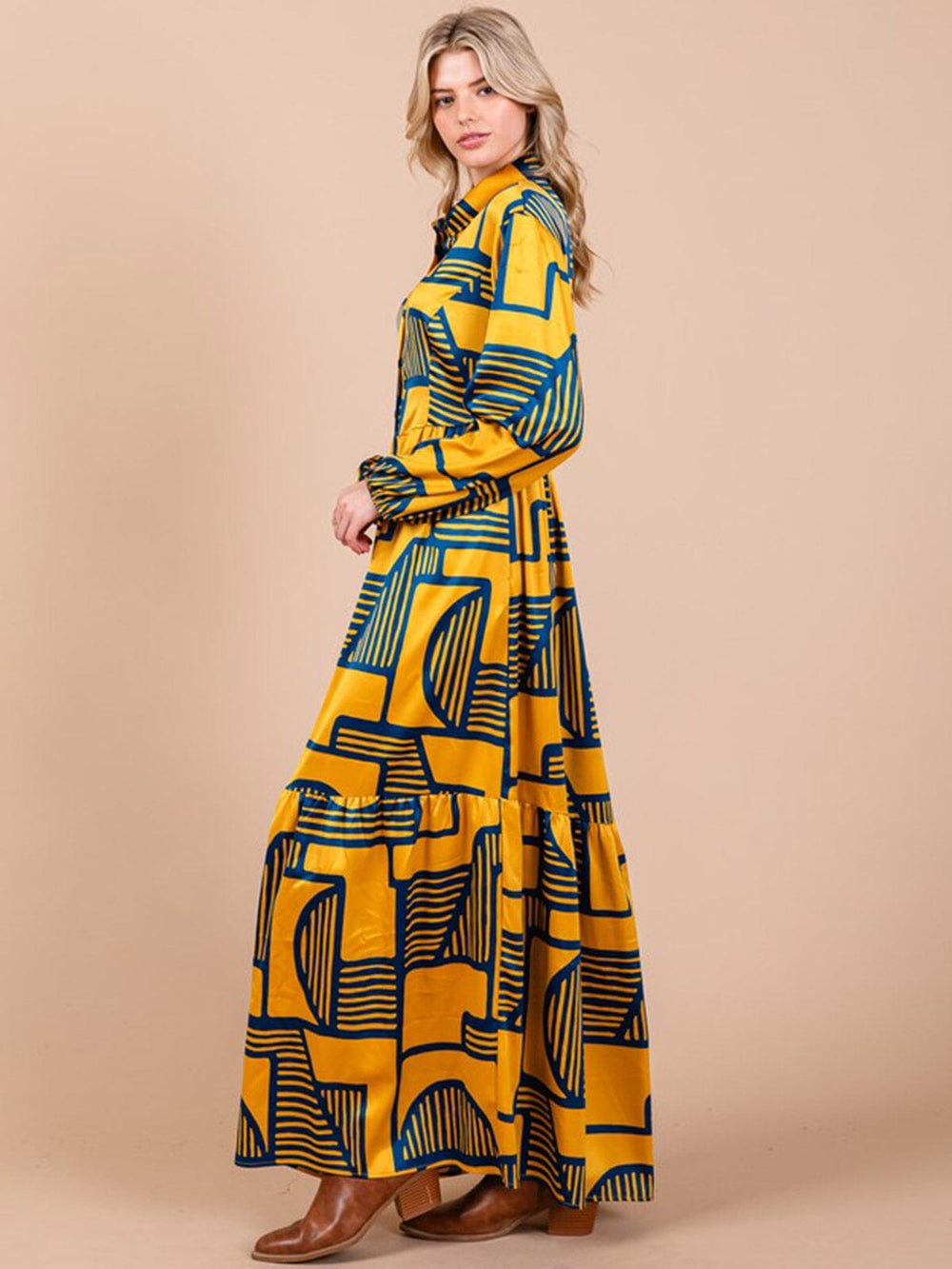 WOMEN'S LONG SLEEVE BUTTON UP FRONT POCKETS MULTI PRINT MAXI DRESS