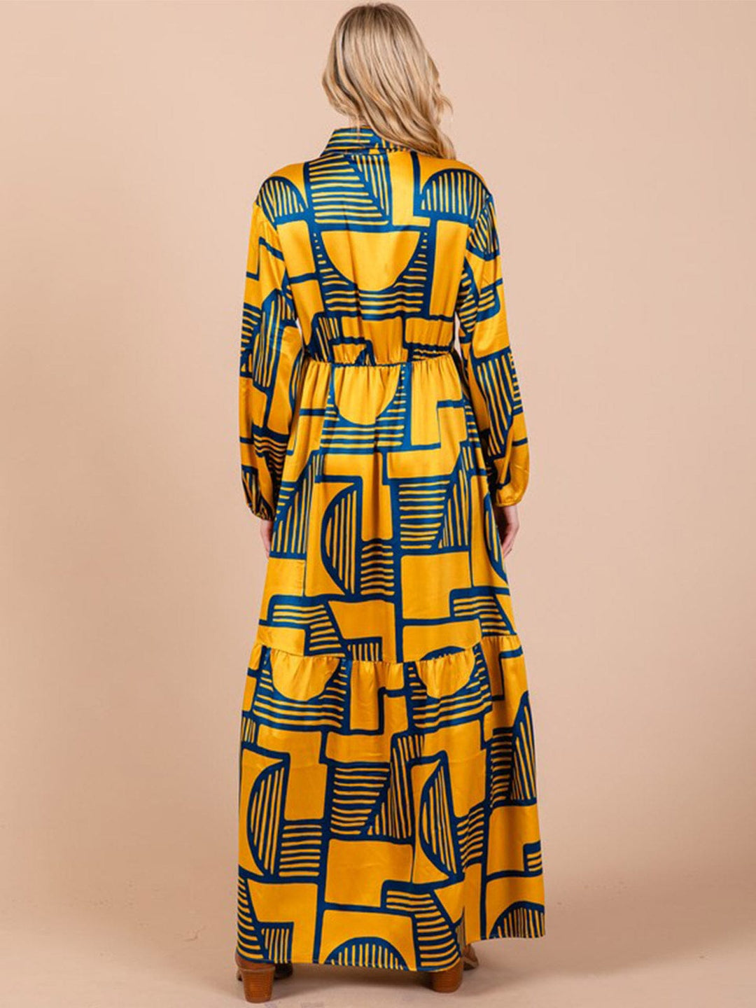 WOMEN'S LONG SLEEVE BUTTON UP FRONT POCKETS MULTI PRINT MAXI DRESS
