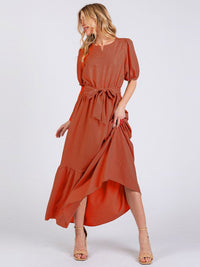WOMEN'S SHORT SLEEVE V-NECK ELASTIC WAIST FRONT POCKETS TIERED MAXI DRESS