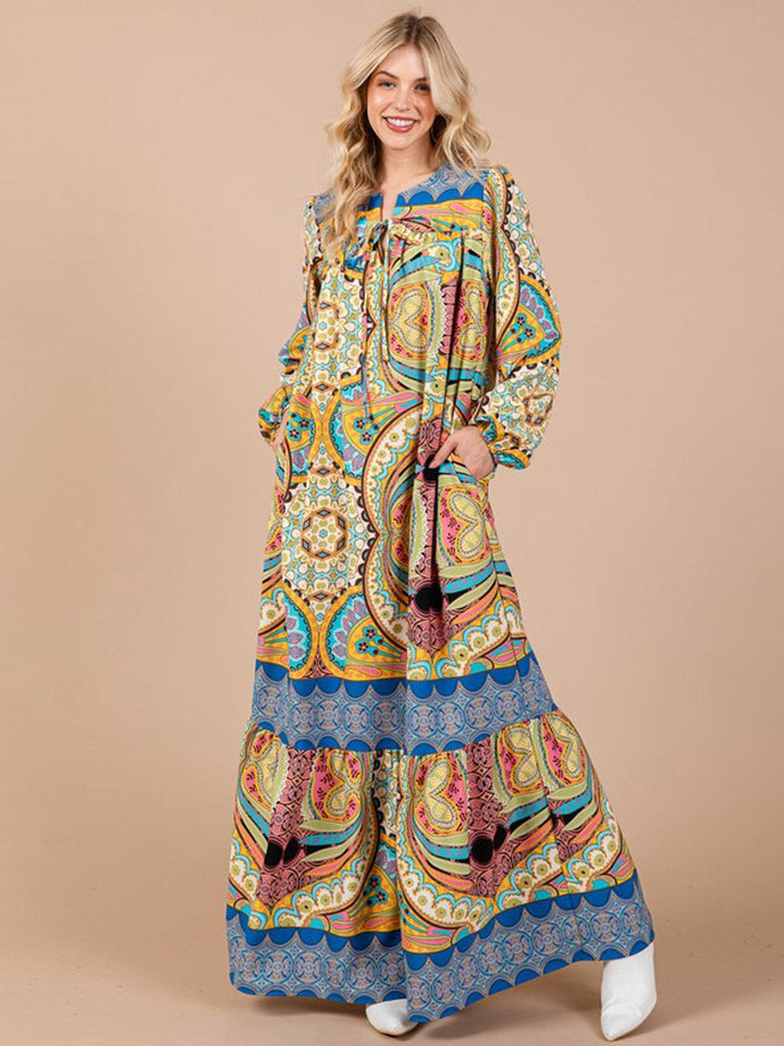 WOMEN'S LONG SLEEVE V-NECK FRONT POCKETS MULTI PRINT MAXI DRESS