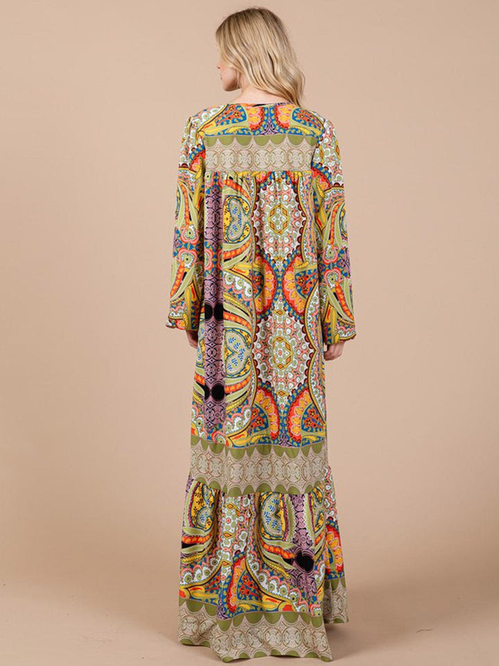 WOMEN'S LONG SLEEVE V-NECK FRONT POCKETS MULTI PRINT MAXI DRESS